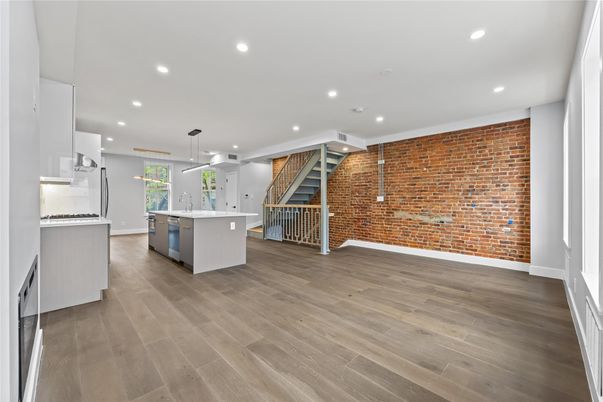 Interior, Kitchen, Pendant Lights, Recessed Lighting, Stone Walls, Wood Texture Flooring