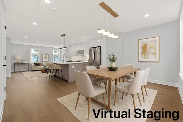 Dining room, Interior, Kitchen, Living room, Pendant Lights, Recessed Lighting, Stainless Steel Appliances, Wood Texture Flooring