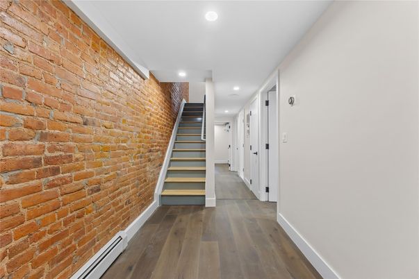 Interior, Recessed Lighting, Stone Walls, Wood Texture Flooring