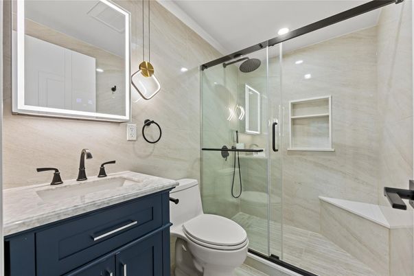 Bathroom, Glass Shower, Interior, Marble Walls, Recessed Lighting