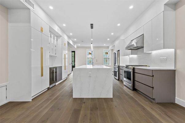 Interior, Kitchen, Pendant Lights, Recessed Lighting, Stainless Steel Appliances, Wood Texture Flooring
