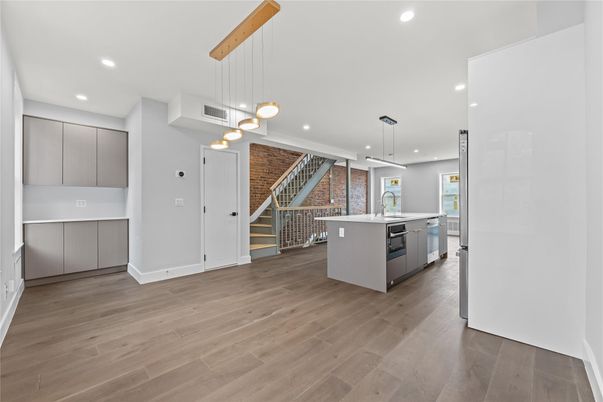 Interior, Kitchen, Pendant Lights, Recessed Lighting, Stone Walls, Wood Texture Flooring