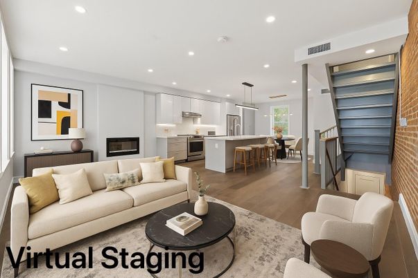 Dining room, Fireplace, Interior, Kitchen, Living room, Pendant Lights, Recessed Lighting, Stainless Steel Appliances, Wood Texture Flooring