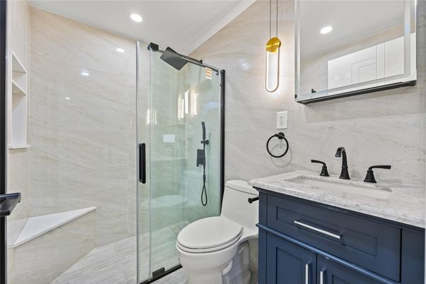 Bathroom, Glass Shower, Interior, Marble Walls, Pendant Lights, Recessed Lighting