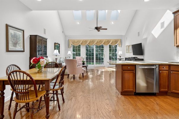 Dining room, Interior, Kitchen, Living room, Recessed Lighting, Wood Texture Flooring