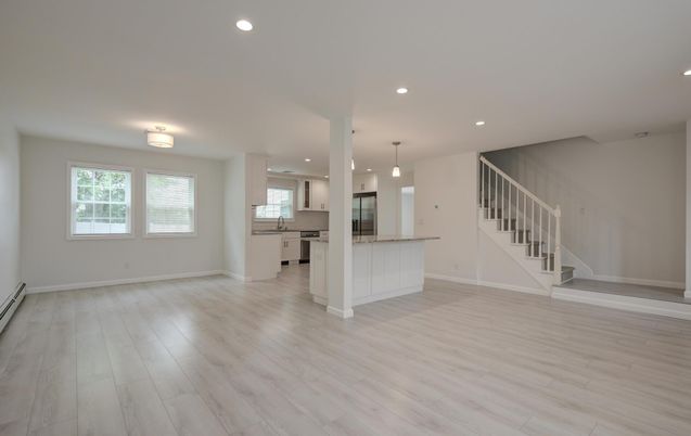 Empty room, Interior, Kitchen, Pendant Lights, Recessed Lighting, Wood Texture Flooring