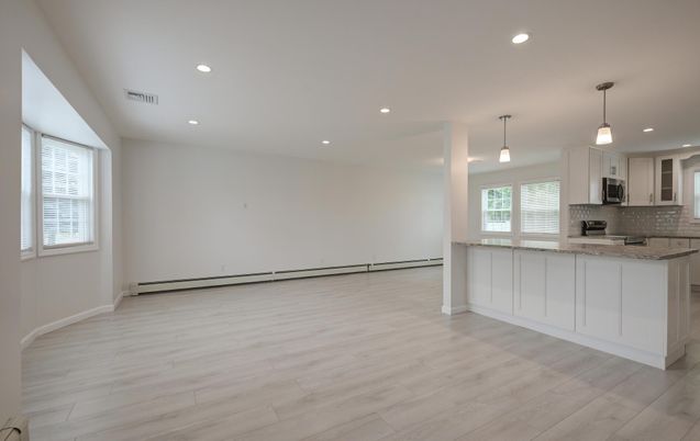 Empty room, Interior, Kitchen, Pendant Lights, Recessed Lighting, Stainless Steel Appliances, Wood Texture Flooring