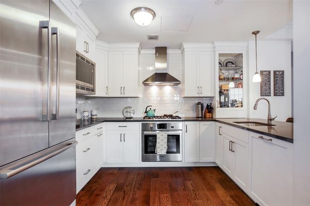 Interior, Kitchen, Pendant Lights, Stainless Steel Appliances, Wood Texture Flooring