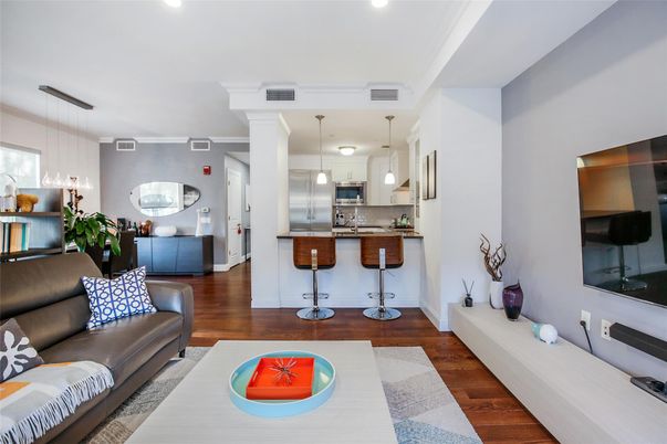 Interior, Kitchen, Living room, Pendant Lights, Recessed Lighting, Stainless Steel Appliances, Wood Texture Flooring
