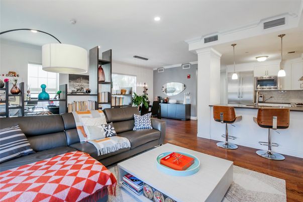 Interior, Kitchen, Living room, Pendant Lights, Recessed Lighting, Stainless Steel Appliances, Wood Texture Flooring