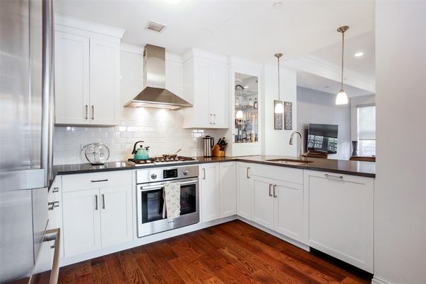 Interior, Kitchen, Pendant Lights, Recessed Lighting, Stainless Steel Appliances, Wood Texture Flooring