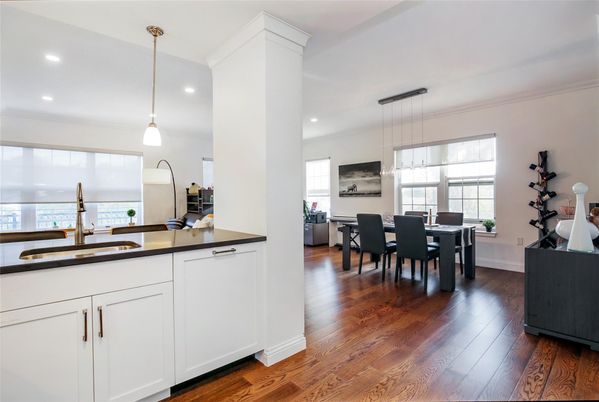 Dining room, Interior, Kitchen, Pendant Lights, Recessed Lighting, Wood Texture Flooring