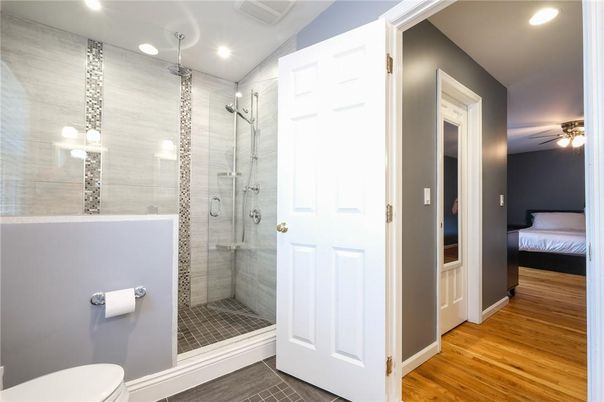 Bathroom, Glass Shower, Interior, Recessed Lighting, Wood Texture Flooring