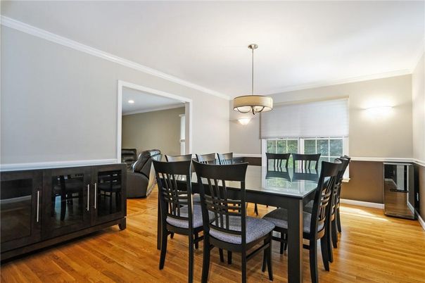 Dining room, Interior, Pendant Lights, Recessed Lighting, Wood Texture Flooring