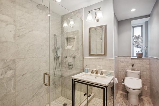 Bathroom, Glass Shower, Interior, Marble Walls, Recessed Lighting