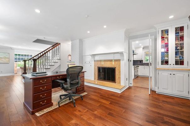 Fireplace, Home Office, Interior, Recessed Lighting, Wood Texture Flooring