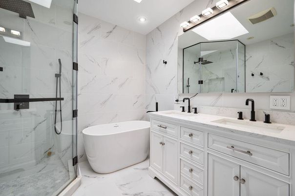 Bathroom, Dual Sink Vanities, Free Standing Baths, Glass Shower, Interior, Marble, Marble Walls, Recessed Lighting