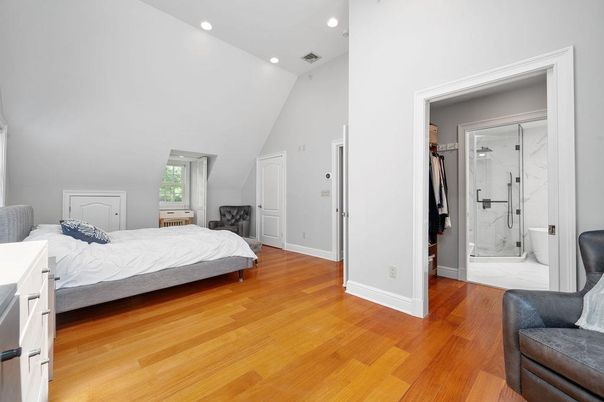 Bathroom, Bedroom, Glass Shower, Interior, Marble, Marble Walls, Recessed Lighting, Wood Texture Flooring