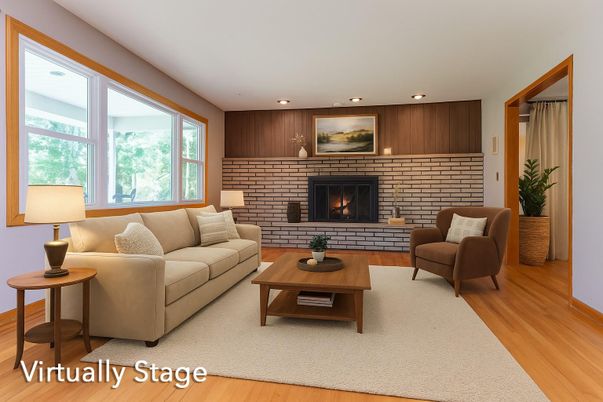 Fireplace, Interior, Living room, Recessed Lighting, Stone Walls, Wood Texture Flooring