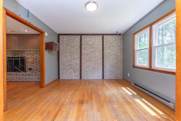 Empty room, Fireplace, Interior, Stone Walls, Wood Texture Flooring