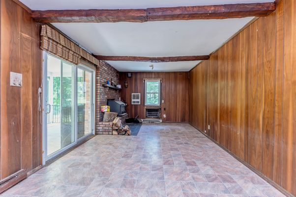 Empty room, Fireplace, Interior, Stone Walls, Wooden Walls