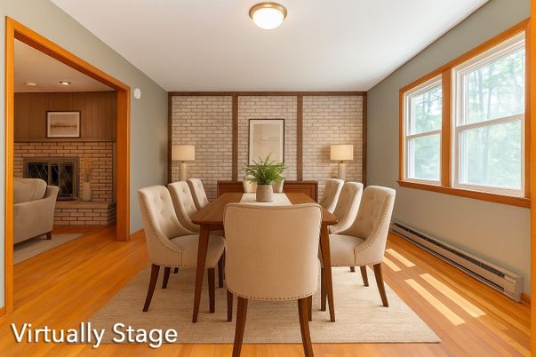 Dining room, Interior, Recessed Lighting, Stone Walls, Wood Texture Flooring