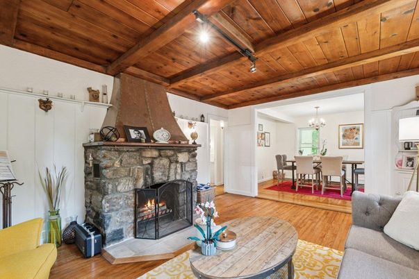Chandelier, Dining room, Fireplace, Interior, Living room, Wooden Beams, Wooden Ceilings, Wood Texture Flooring