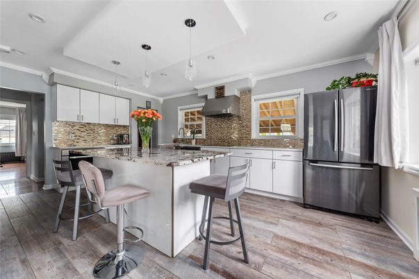 Interior, Kitchen, Pendant Lights, Recessed Lighting, Stainless Steel Appliances, Wood Texture Flooring