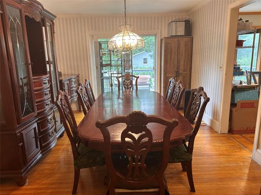 Dining room, Interior, Pendant Lights, Wood Texture Flooring
