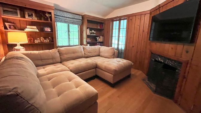 Fireplace, Interior, Living room, Wood Texture Flooring, Wooden Walls