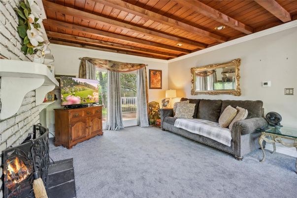 Fireplace, Interior, Living room, Recessed Lighting, Stone Walls, Wooden Beams, Wooden Ceilings
