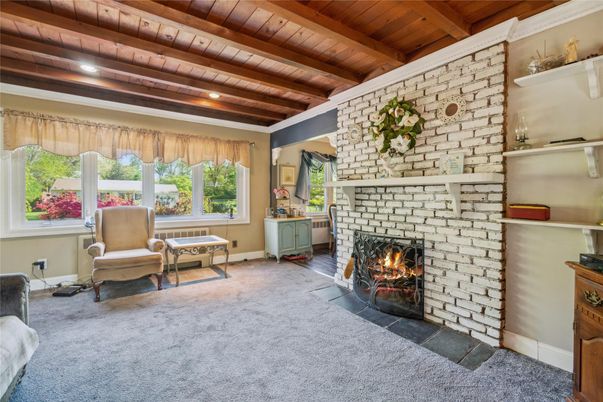 Fireplace, Interior, Recessed Lighting, Stone Walls, Wooden Beams, Wooden Ceilings