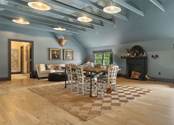 Dining room, Fireplace, Interior, Pendant Lights, Wood Texture Flooring