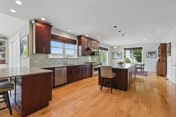 Interior, Kitchen, Pendant Lights, Recessed Lighting, Stainless Steel Appliances, Wood Texture Flooring