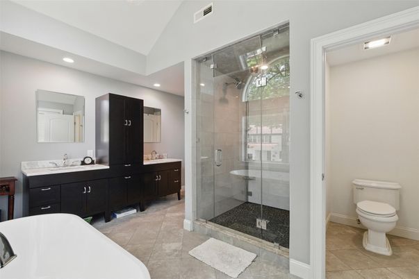 Bathroom, Dual Sink Vanities, Glass Shower, Interior, Recessed Lighting