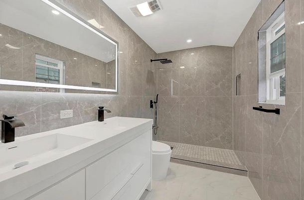 Bathroom, Dual Sink Vanities, Glass Shower, Interior, Marble, Recessed Lighting