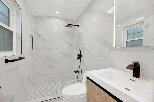 Bathroom, Glass Shower, Interior, Marble Walls, Recessed Lighting