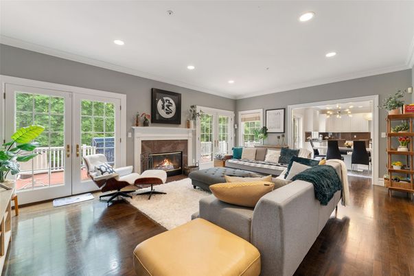 Fireplace, Interior, Kitchen, Living room, Pendant Lights, Recessed Lighting, Wood Texture Flooring