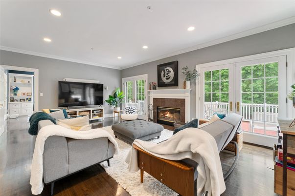 Fireplace, Interior, Living room, Recessed Lighting, Wood Texture Flooring