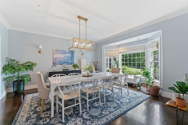 Dining room, Interior, Pendant Lights, Recessed Lighting, Wood Texture Flooring