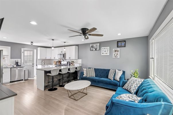 Interior, Kitchen, Living room, Pendant Lights, Recessed Lighting, Stainless Steel Appliances, Wood Texture Flooring