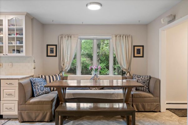 Dining room, Interior, Recessed Lighting, Wood Texture Flooring