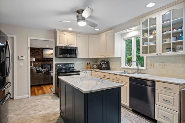 Interior, Kitchen, Recessed Lighting, Stone Walls, Wood Texture Flooring