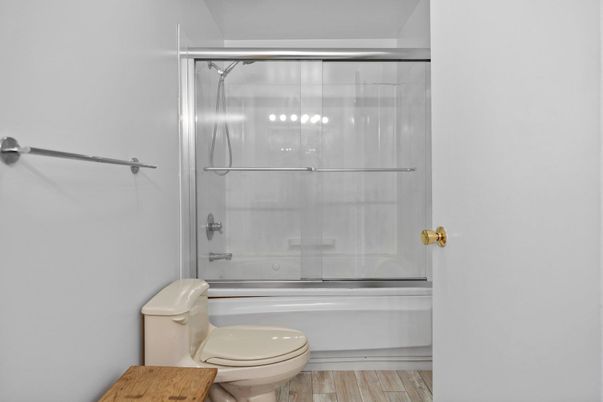 Bathroom, Glass Shower, Interior, Wood Texture Flooring