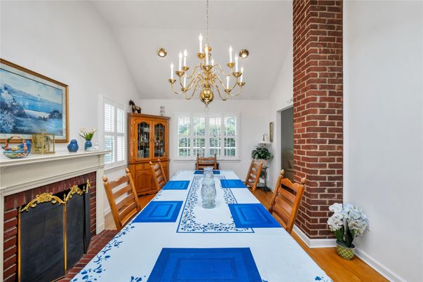 Chandelier, Dining room, Fireplace, Interior, Stone Walls
