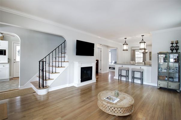 Fireplace, Interior, Kitchen, Pendant Lights, Wood Texture Flooring