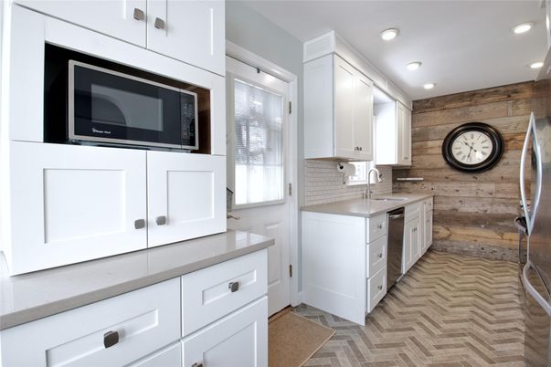 Interior, Kitchen, Recessed Lighting, Stainless Steel Appliances, Wooden Walls