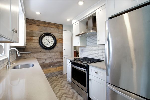 Interior, Kitchen, Recessed Lighting, Stainless Steel Appliances, Wooden Walls