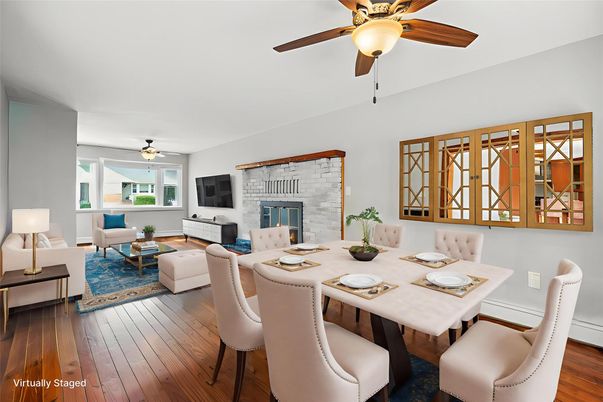 Dining room, Fireplace, Interior, Living room, Stone Walls, Wood Texture Flooring