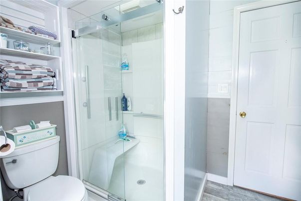 Bathroom, Glass Shower, Interior, Wood Texture Flooring